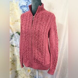 LL Bean Women's Cable Knit Zip-Up Sweater - Cotton Cranberry Pink